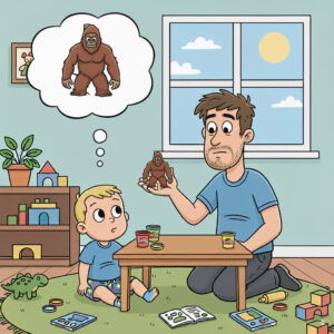 The father uses some Playdough to model a bigfoot