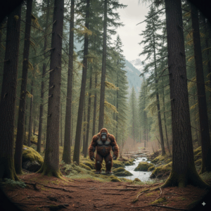 Bigfoot in a forest, viewed from the distance